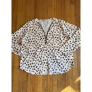 Paz Torras Shirt Womens XL 50 White Leopard Print Zip V Neck Long Sleeve Blouse